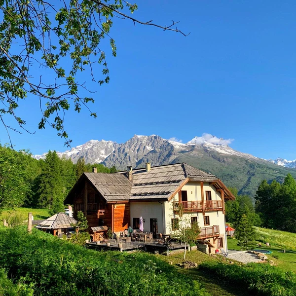 Chalet AlpeLune is located in a quiet mountain village at 1450m of Altitude. Immediately surrounded by fields where deer regularly run around. The forest starts directly above the Chalet. There is a view all-around of the most beautiful mountain peaks such as the Pelvoux 3946m with its glacier. The Ecrins massif (the National Park) and the steep rock walls with famous climbing routes can be admired from the backyard.

On the 4 sides of the chalet, you will find various seating areas for sun and/or shade, rest and/or a shared drink, a good book in one of the loungers, or a game of “jeu de boules” while the children have fun on the trampoline. 
Around the house # Holiday fun for everyone # fire pit # mini slide # slack line # swing # terrace # chicken coop # yoga in the grass #
